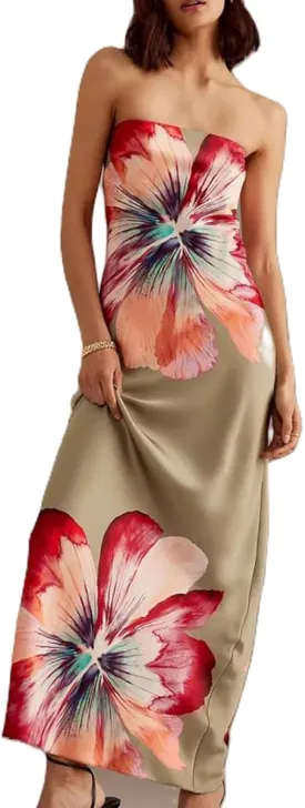 Womens Floral Strapless Dress Y2k Backless Sleeveless Tube Maxi Long Dresses Sexy Mesh Bodycon Summer Beachwear