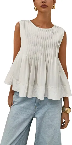 Womens Tank Tops Y2K Pleated Peplum Sleeveless Blouse Babydoll Ruffle Shirt Tunic Outfits