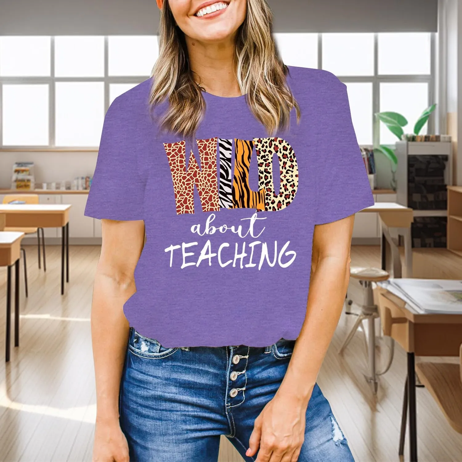 Womens Teacher Shirts Wild About Teaching Leopard Print T-Shirt Teacher Life Tee Top