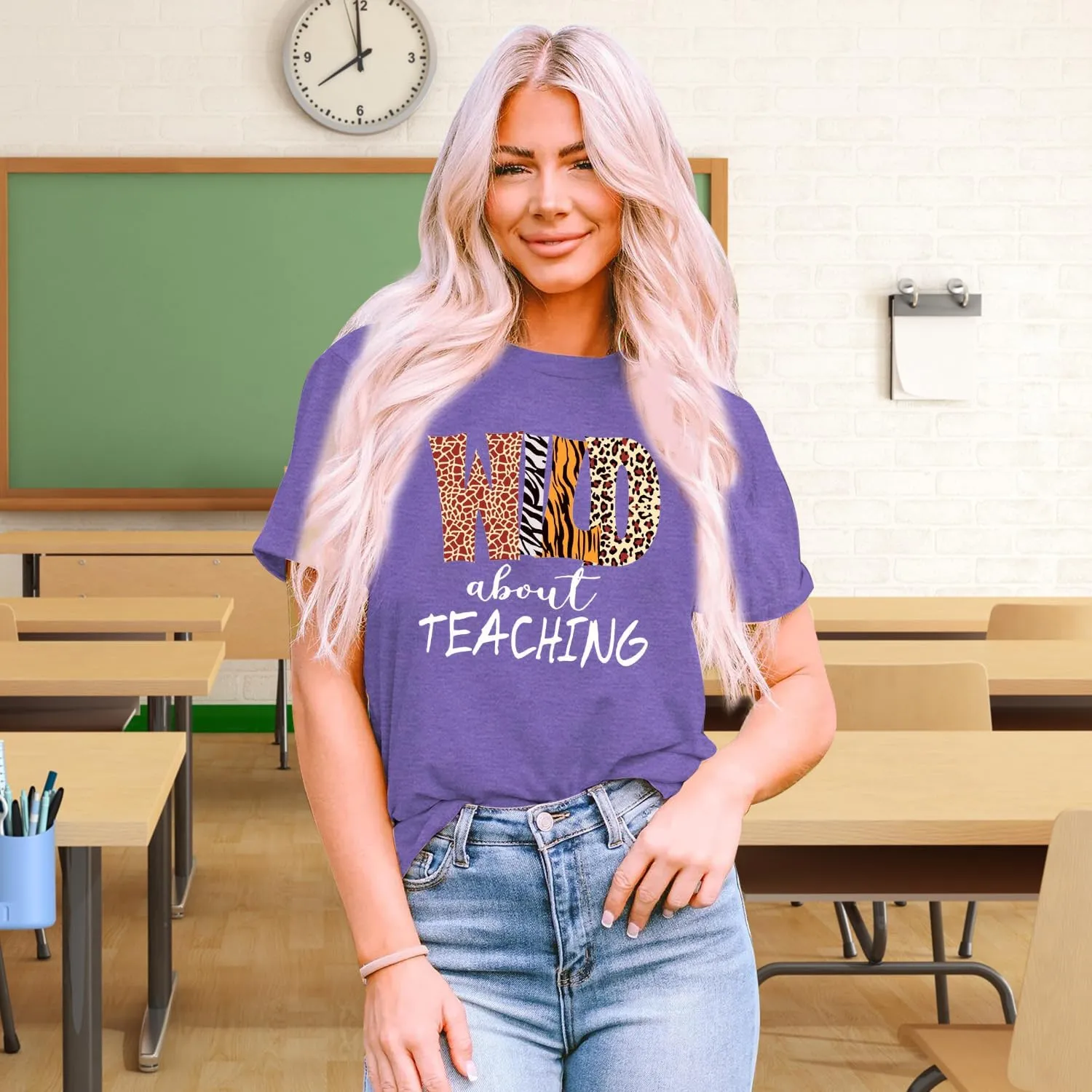 Womens Teacher Shirts Wild About Teaching Leopard Print T-Shirt Teacher Life Tee Top