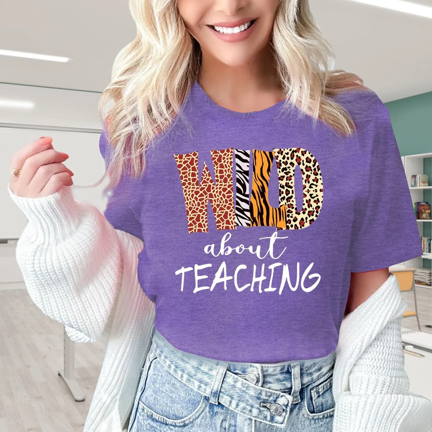 Womens Teacher Shirts Wild About Teaching Leopard Print T-Shirt Teacher Life Tee Top