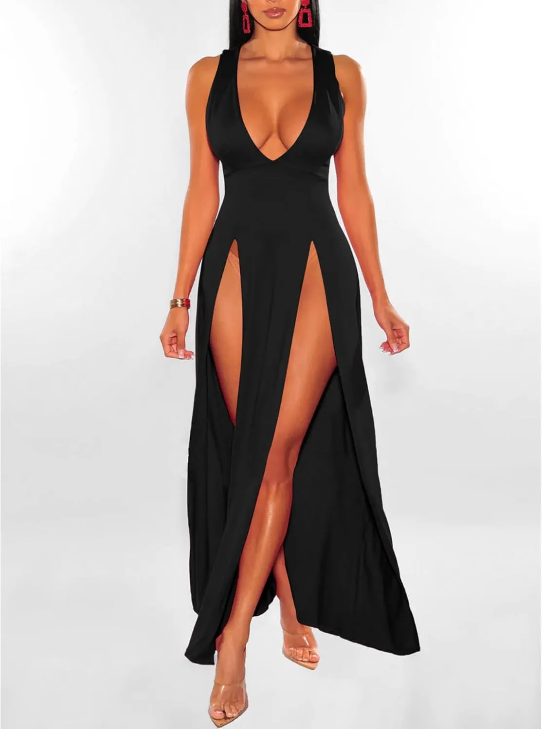 xxxiticat Women's Double Slit Maxi Tank Dress Sleeveless Deep V-Neck Low Cut High Split Cover Up Long Bodycon Wrap Dress