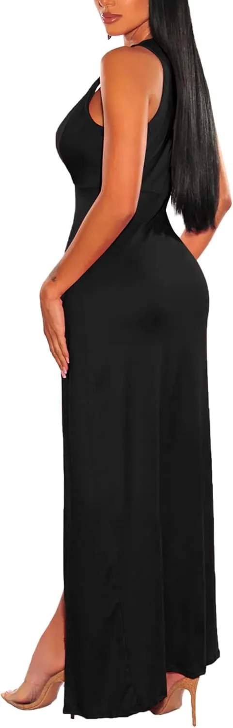 xxxiticat Women's Double Slit Maxi Tank Dress Sleeveless Deep V-Neck Low Cut High Split Cover Up Long Bodycon Wrap Dress