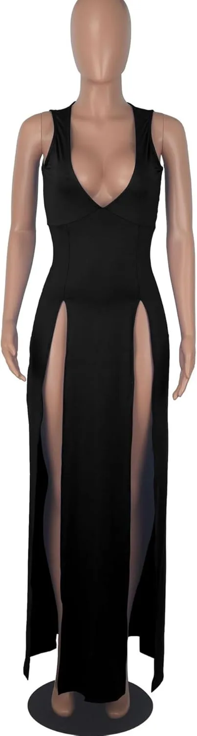 xxxiticat Women's Double Slit Maxi Tank Dress Sleeveless Deep V-Neck Low Cut High Split Cover Up Long Bodycon Wrap Dress