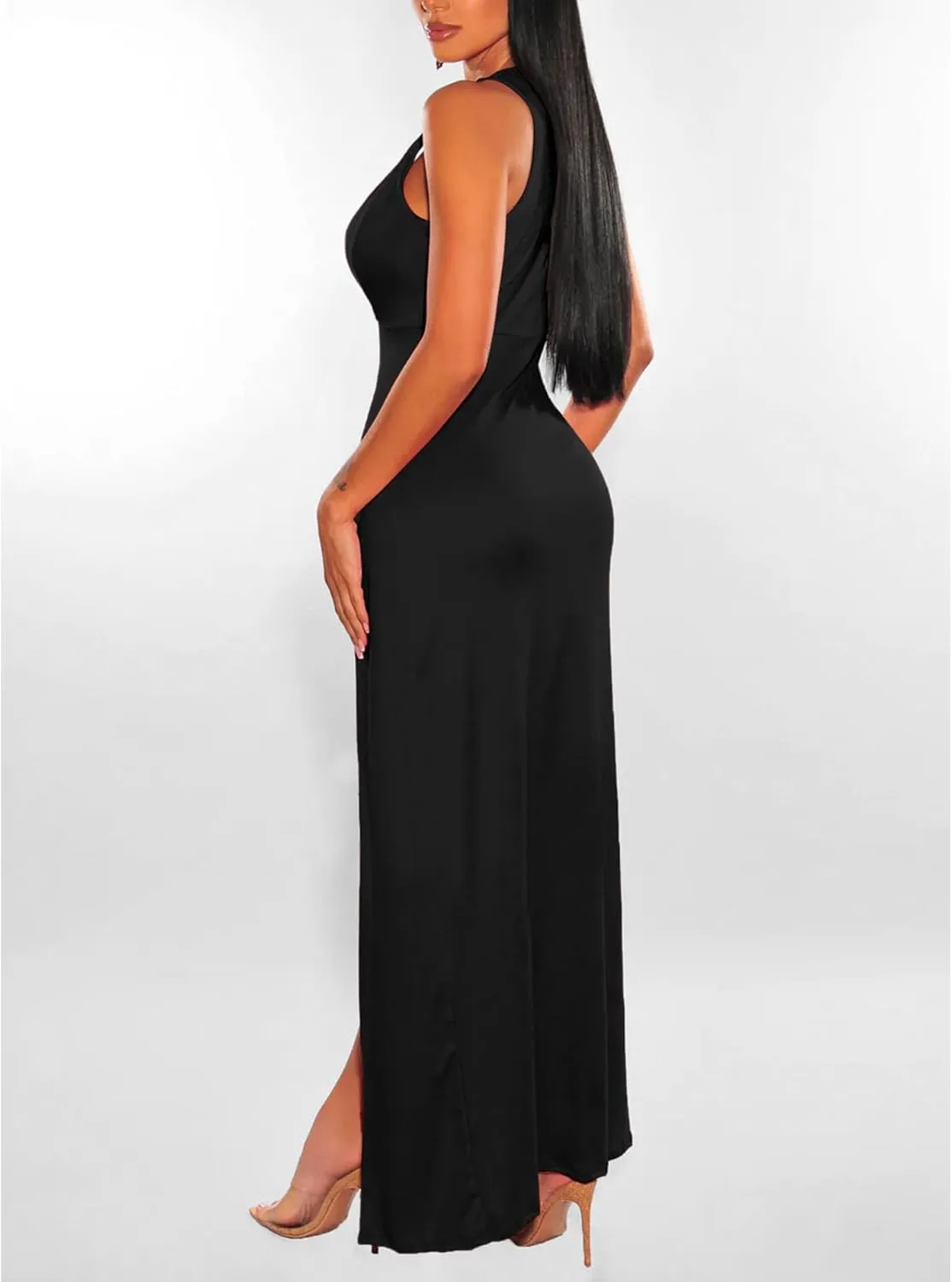 xxxiticat Women's Double Slit Maxi Tank Dress Sleeveless Deep V-Neck Low Cut High Split Cover Up Long Bodycon Wrap Dress