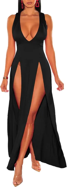xxxiticat Women's Double Slit Maxi Tank Dress Sleeveless Deep V-Neck Low Cut High Split Cover Up Long Bodycon Wrap Dress