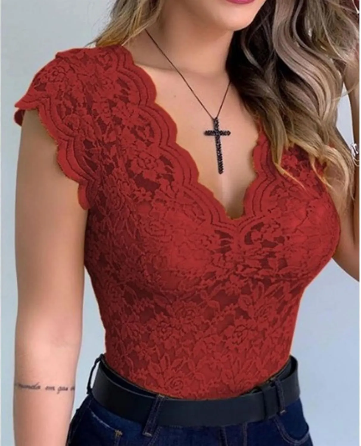 xxxiticat Women's Lace Tank Top Sleeveless V-Neck Floral Casual Scalloped Trim See Through Sheer Tunic Blouse Tee Shirt