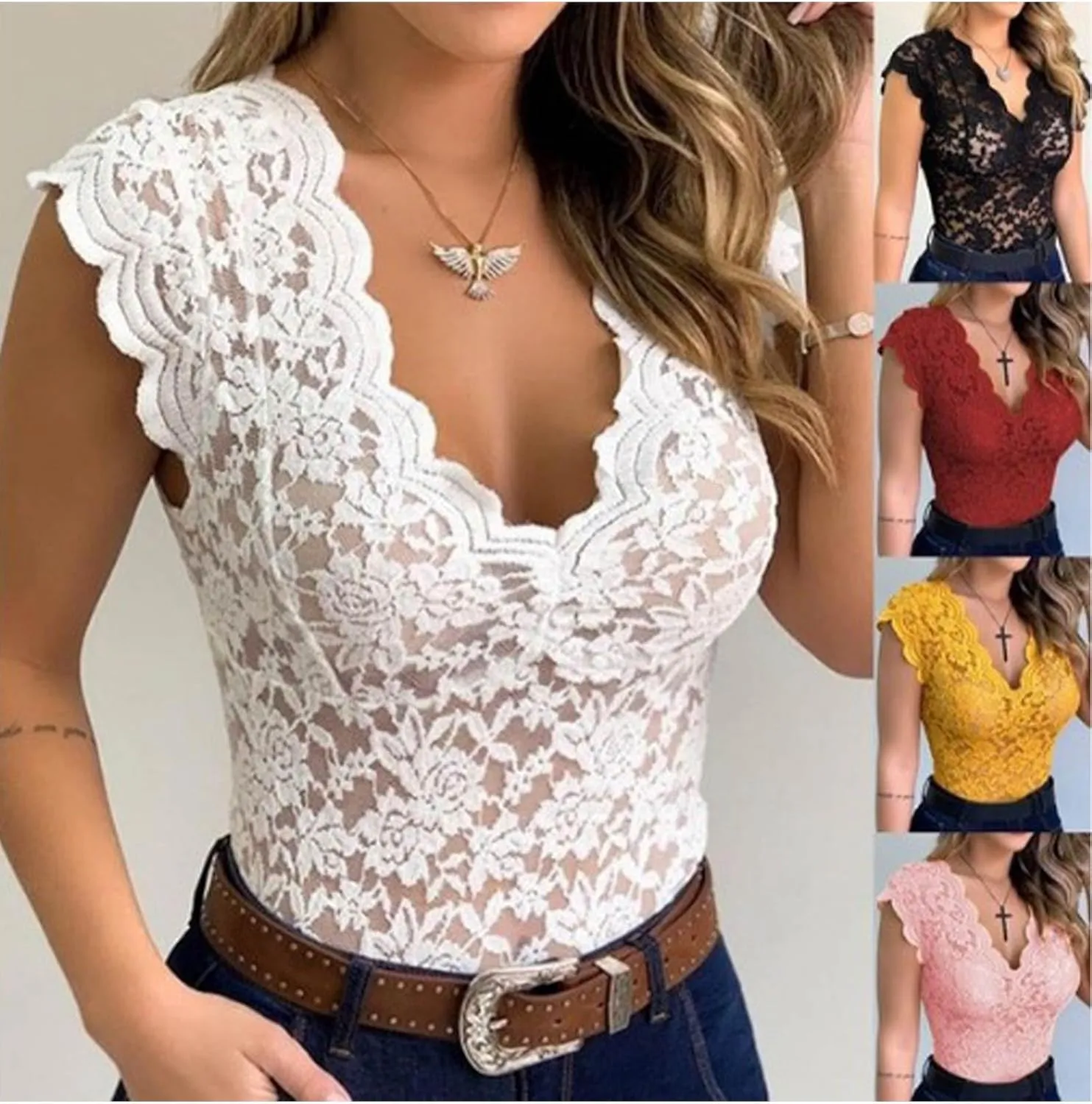 xxxiticat Women's Lace Tank Top Sleeveless V-Neck Floral Casual Scalloped Trim See Through Sheer Tunic Blouse Tee Shirt