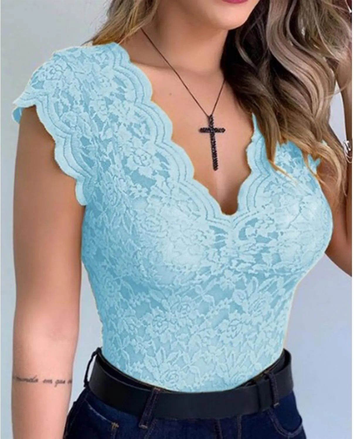 xxxiticat Women's Lace Tank Top Sleeveless V-Neck Floral Casual Scalloped Trim See Through Sheer Tunic Blouse Tee Shirt