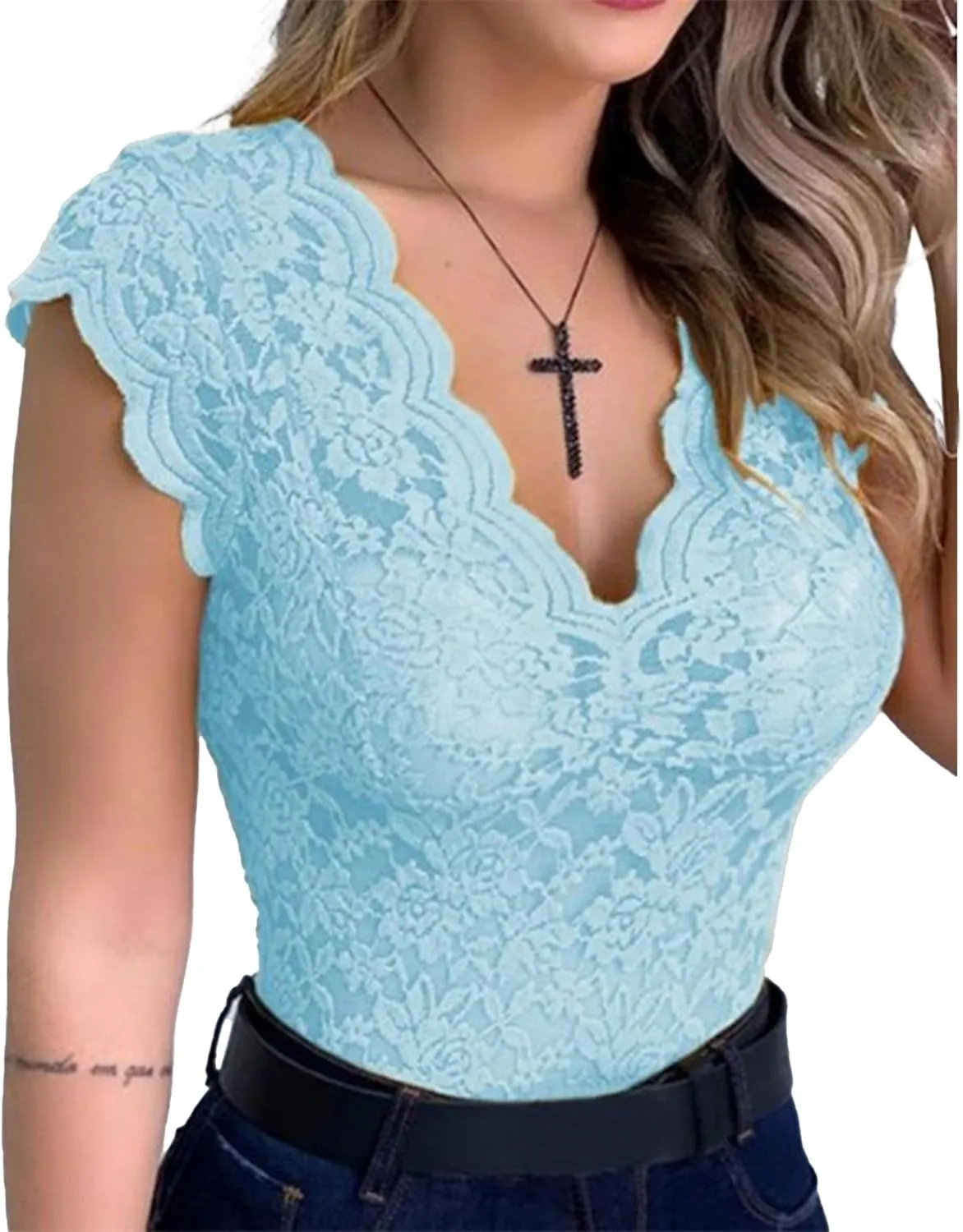 xxxiticat Women's Lace Tank Top Sleeveless V-Neck Floral Casual Scalloped Trim See Through Sheer Tunic Blouse Tee Shirt