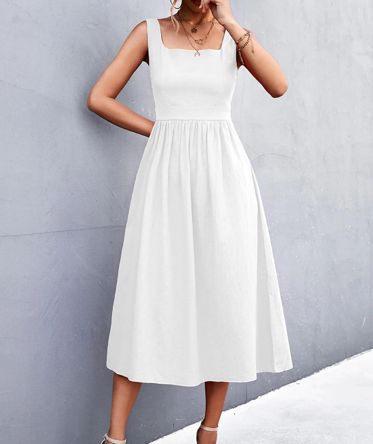 xxxiticat Women's Square Collar Casual Dress Sleeveless Pleated A-Line Summer Beach Boho Elegant Backless Midi Dress