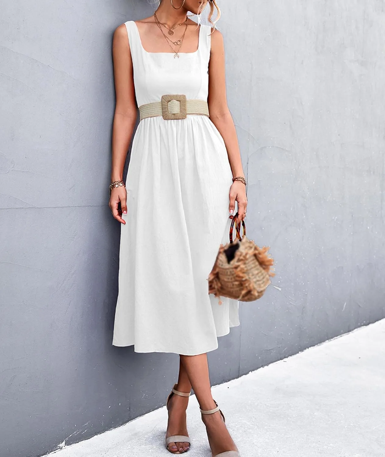 xxxiticat Women's Square Collar Casual Dress Sleeveless Pleated A-Line Summer Beach Boho Elegant Backless Midi Dress