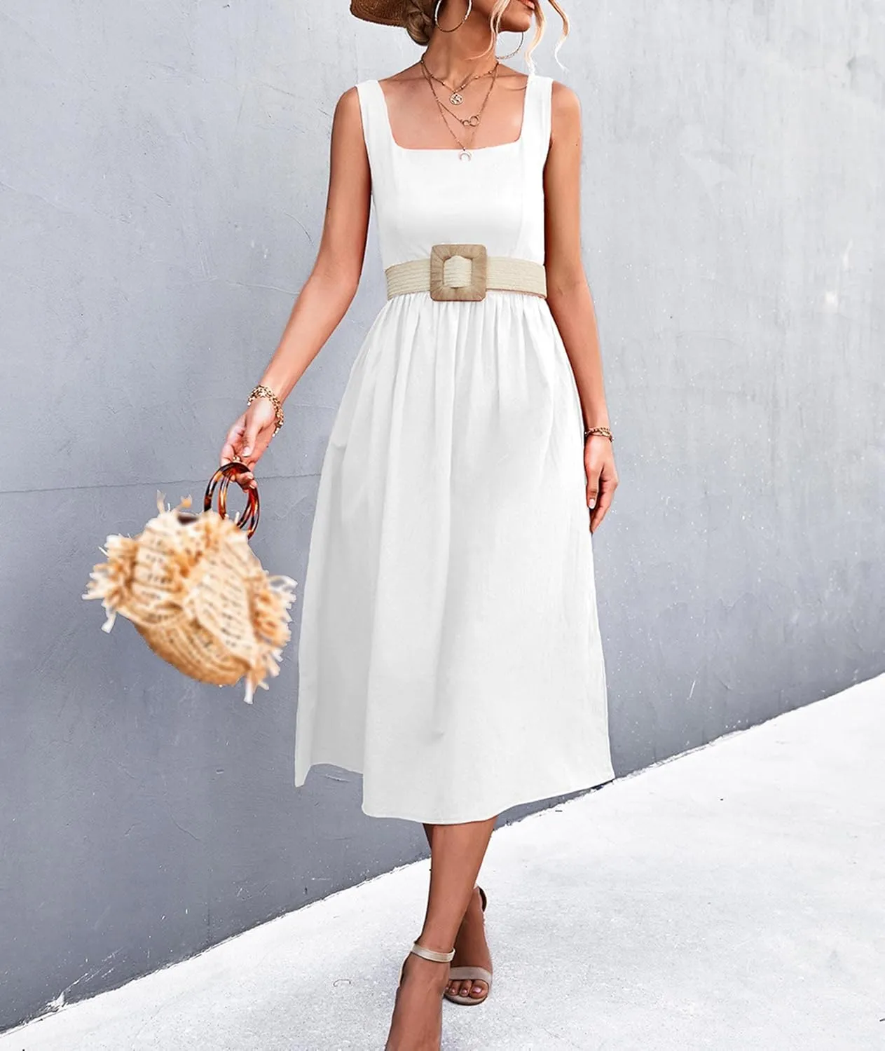 xxxiticat Women's Square Collar Casual Dress Sleeveless Pleated A-Line Summer Beach Boho Elegant Backless Midi Dress