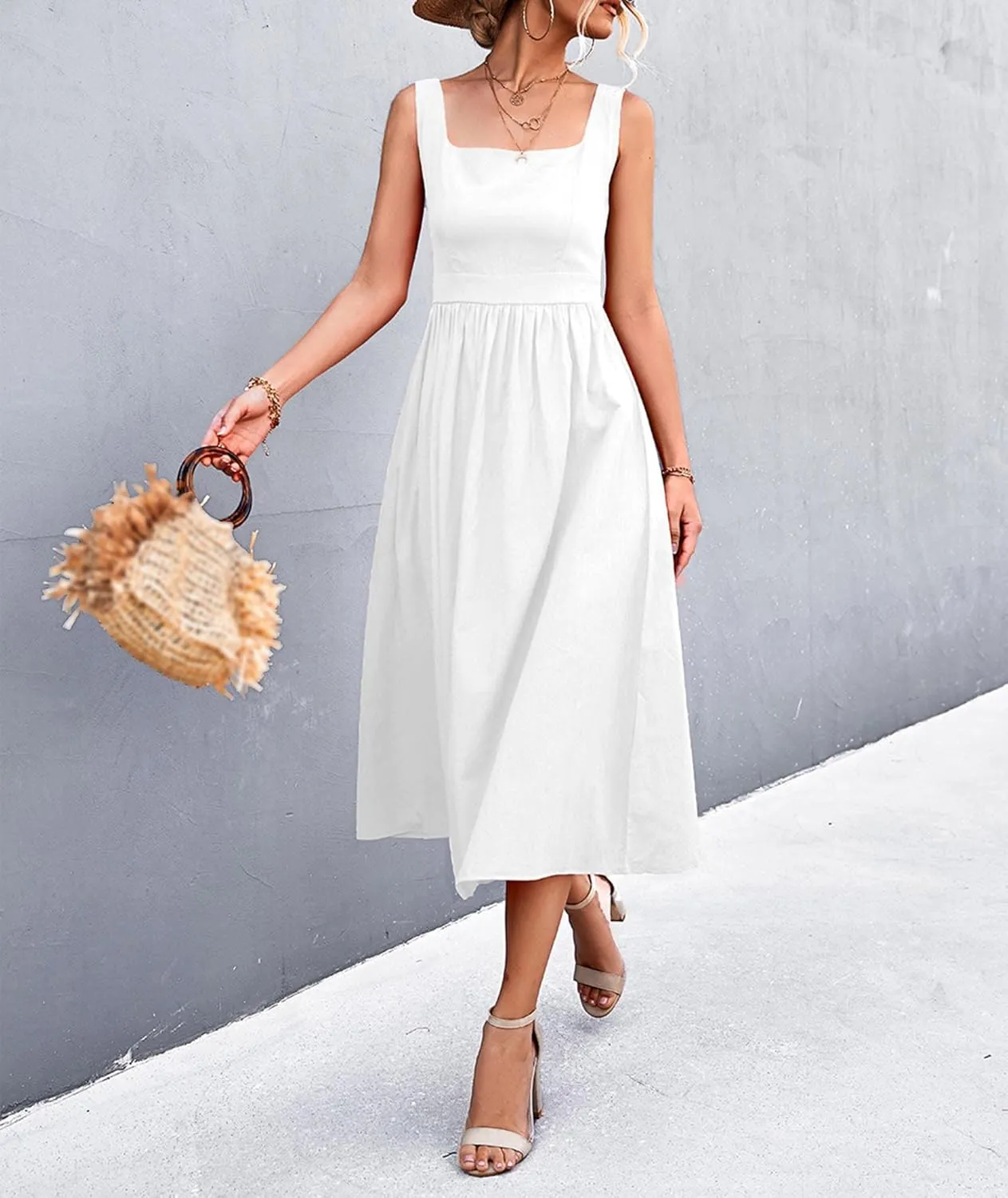 xxxiticat Women's Square Collar Casual Dress Sleeveless Pleated A-Line Summer Beach Boho Elegant Backless Midi Dress