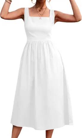 xxxiticat Women's Square Collar Casual Dress Sleeveless Pleated A-Line Summer Beach Boho Elegant Backless Midi Dress