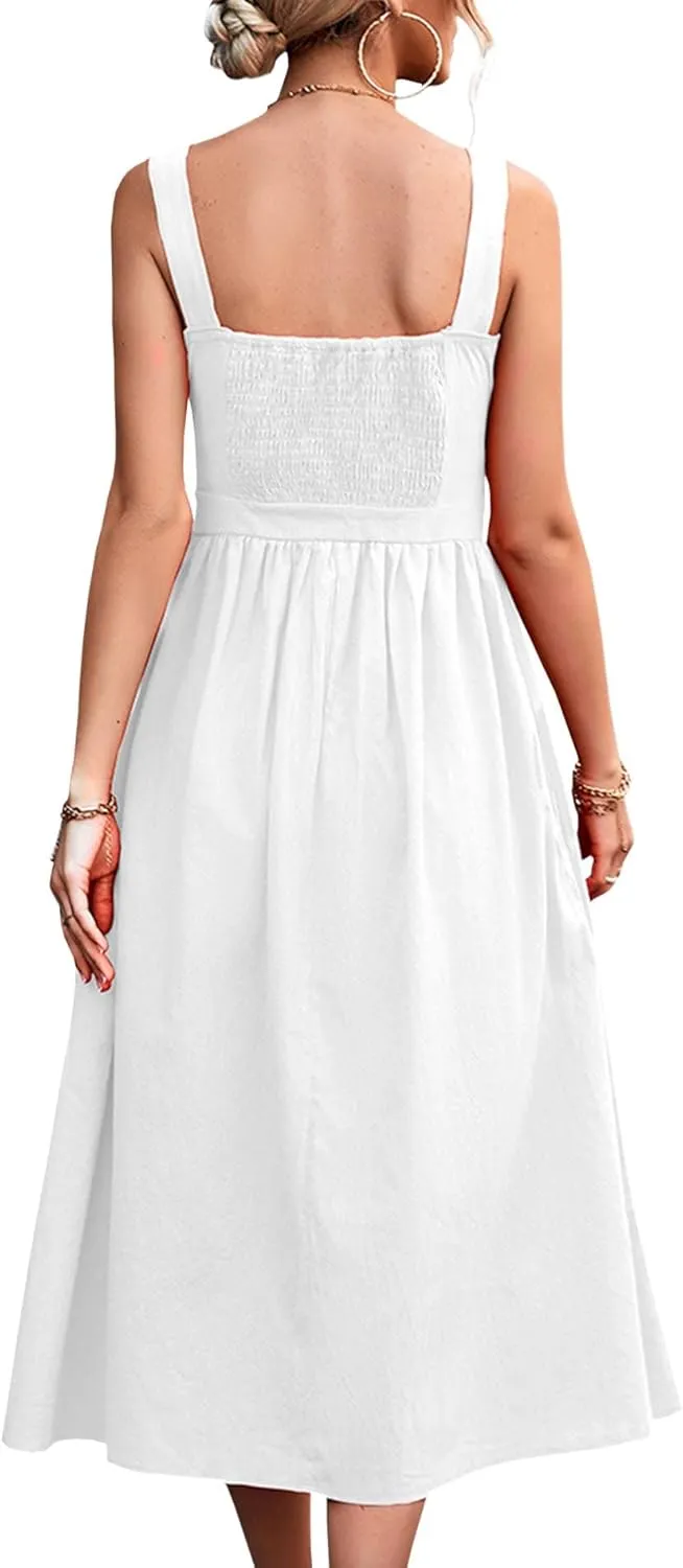 xxxiticat Women's Square Collar Casual Dress Sleeveless Pleated A-Line Summer Beach Boho Elegant Backless Midi Dress